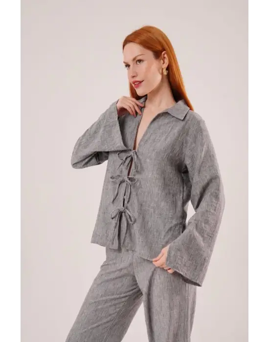 Omarı Antrasit İkili Takım Ön Bağlama Detaylı Pantolon ve Gömlek