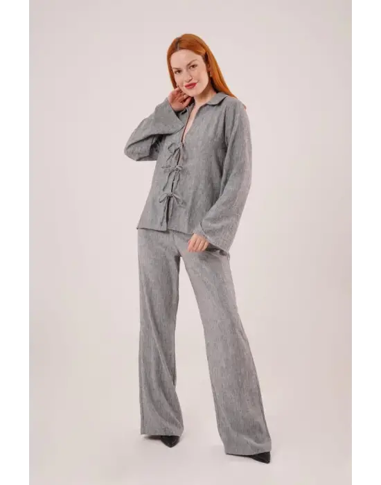 Omarı Antrasit İkili Takım Ön Bağlama Detaylı Pantolon ve Gömlek