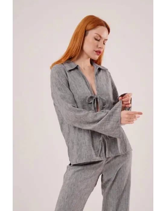 Omarı Antrasit İkili Takım Ön Bağlama Detaylı Pantolon ve Gömlek