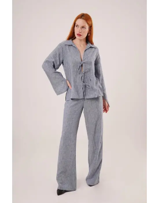 Ön Bağlama Detaylı Pantolon Ve Gömlek İndigo İkili Takım