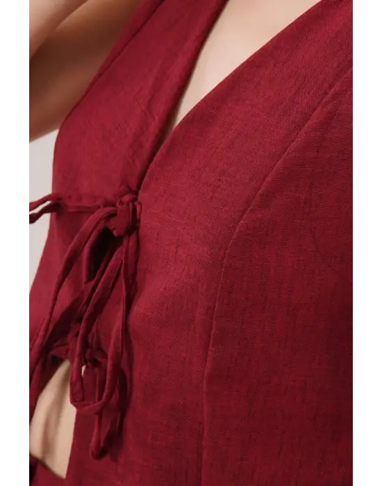 Ön Bağlama Detaylı Yelek Ve Pantolon Bordo İkili Takım