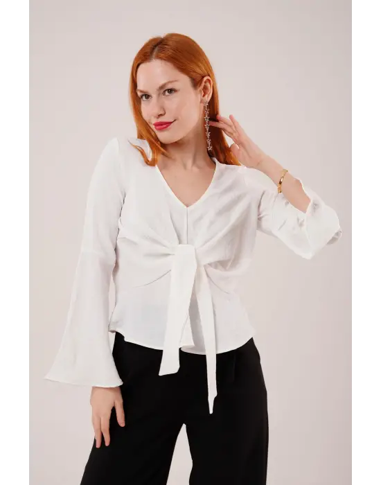 Ön Bağlamalı Volan Kol Beyaz Bluz