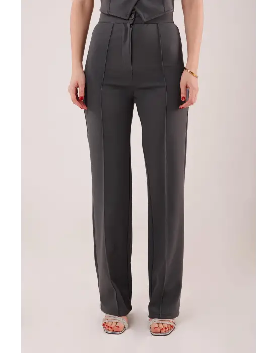 Ön Dikiş Detaylı Tek Düğme Gri Pantolon