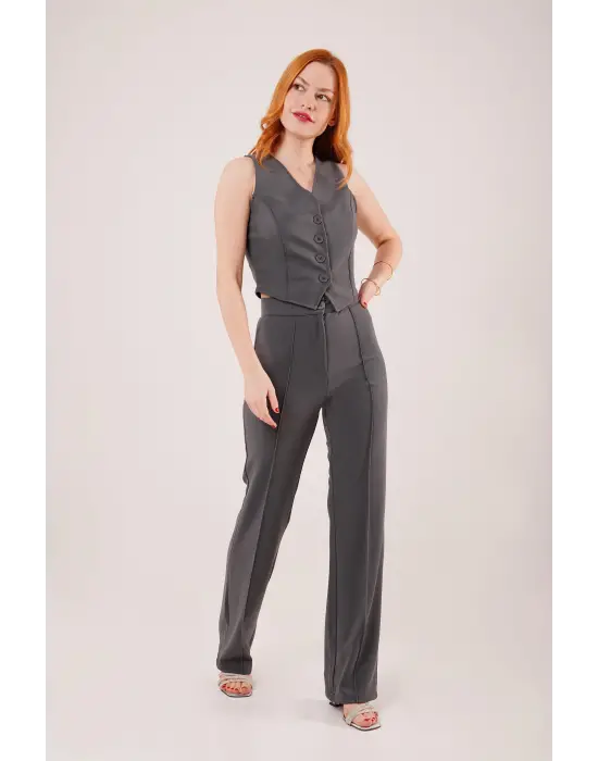 Ön Dikiş Detaylı Tek Düğme Gri Pantolon