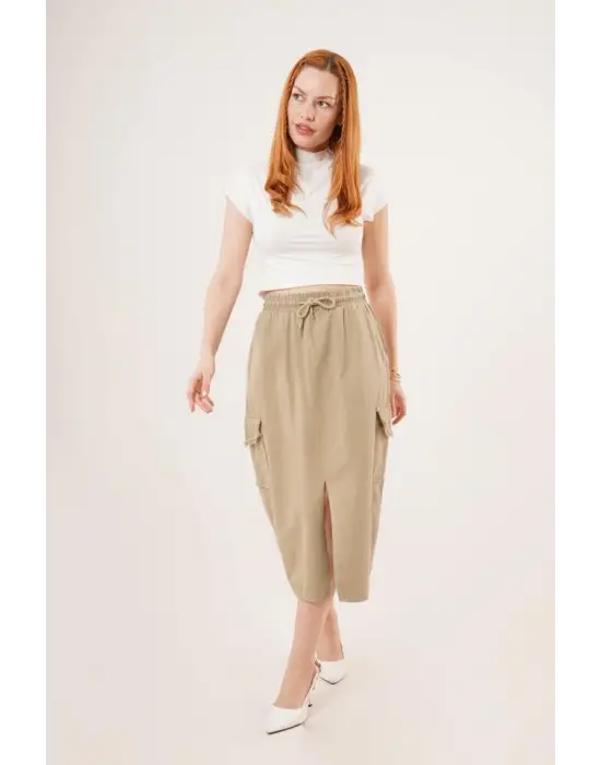Ön Yırtmaçlı Cep Detaylı Haki Etek