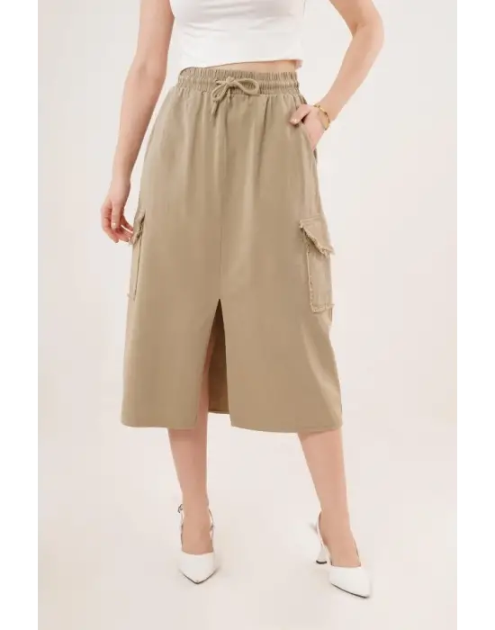 Ön Yırtmaçlı Cep Detaylı Haki Etek