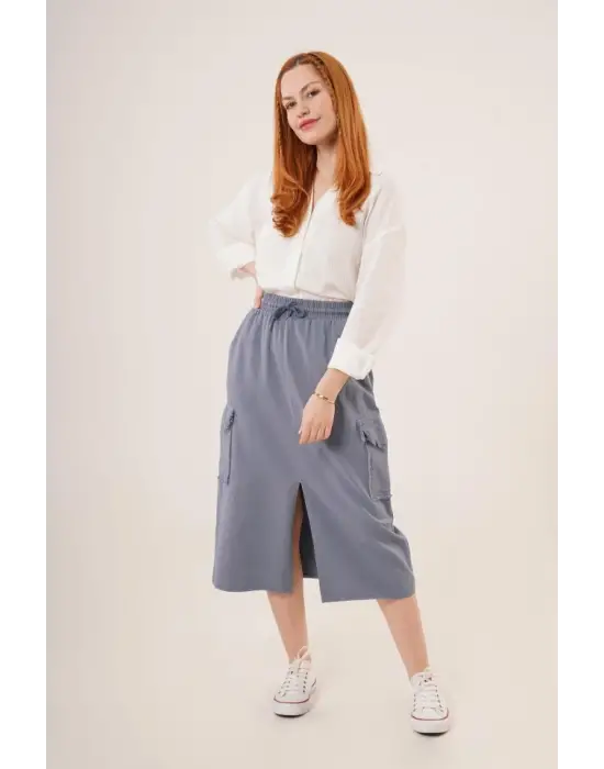 Ön Yırtmaçlı Cep Detaylı İndigo Etek