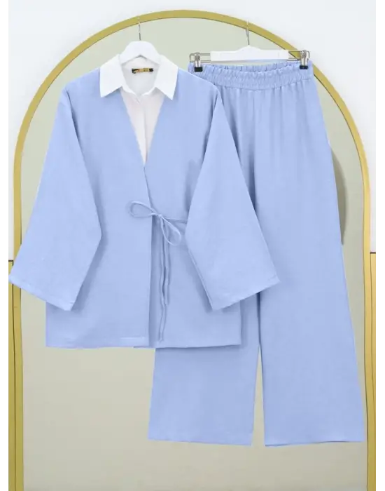 Önden Bağlamalı Pantolonlu Kimono Takım   -Bebe Mavi