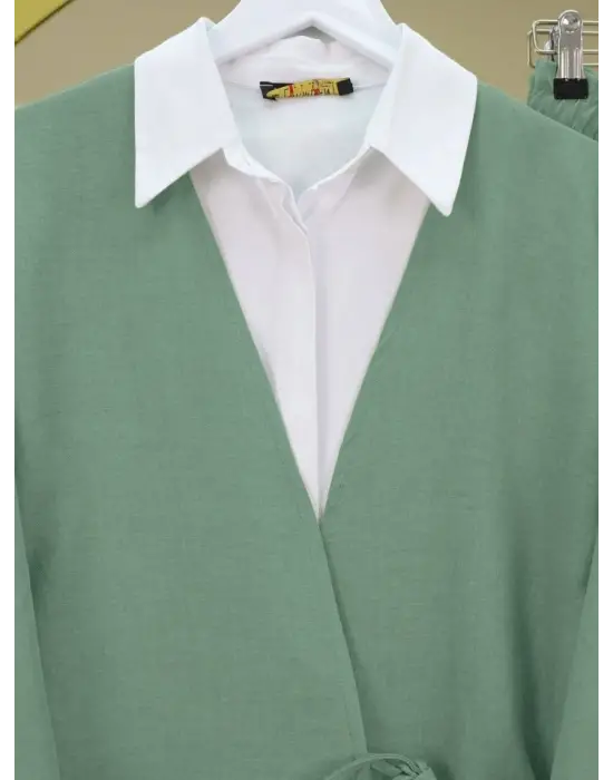 Önden Bağlamalı Pantolonlu Kimono Takım-Mint