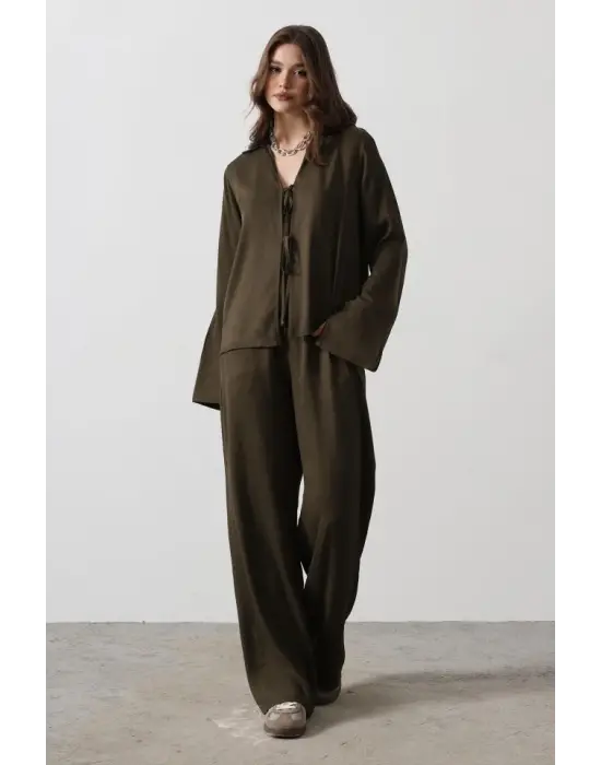 Önden Biyeli Bluz Ve Pantolon Takım - Haki