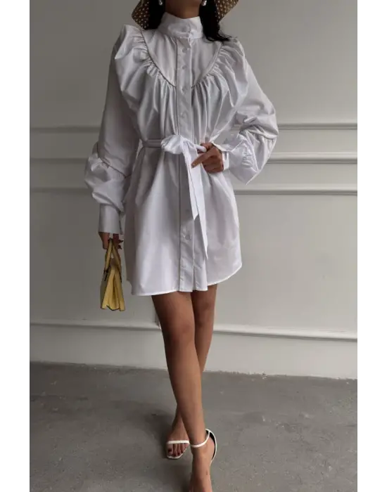 Omarı Kloş Elbise Bağlama Kemeri İle - Beyaz