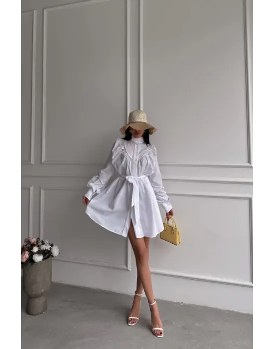 Omarı Kloş Elbise Bağlama Kemeri İle - Beyaz