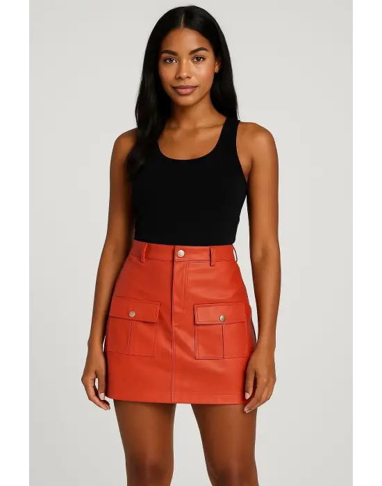Önden iki cepli deri etek turuncu h240040