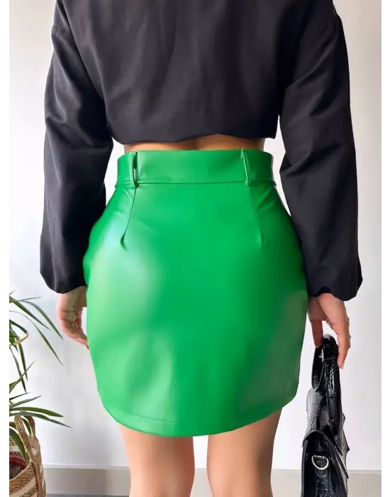 Önden iki cepli deri etek yeşil h240040