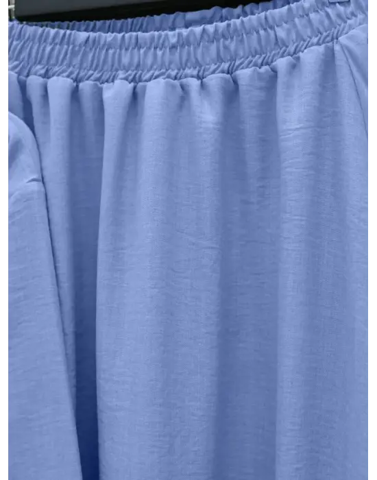 Önü Bağcıklı Beli Lastikli Etekli Keten Takım -Açık Mavi