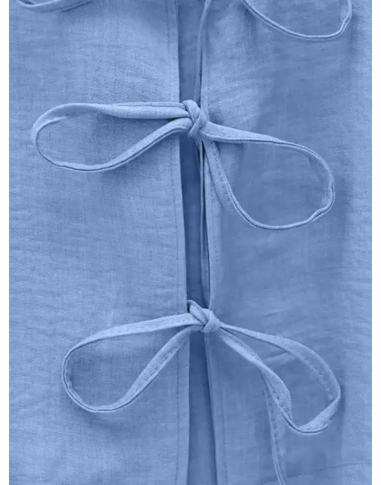 Önü Bağcıklı Beli Lastikli Etekli Keten Takım -Açık Mavi