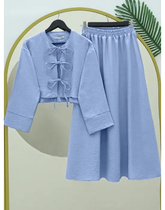 Önü Bağcıklı Beli Lastikli Etekli Keten Takım -Açık Mavi