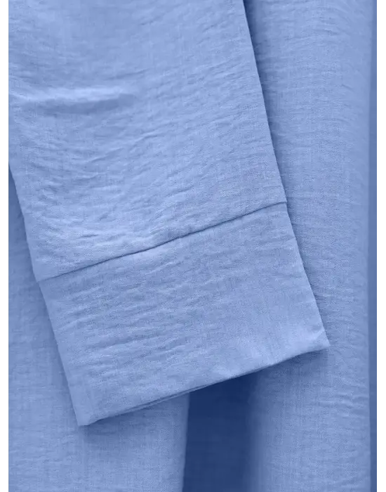 Önü Bağcıklı Beli Lastikli Etekli Keten Takım -Açık Mavi