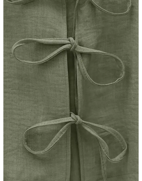 Önü Bağcıklı Beli Lastikli Etekli Keten Takım    -Haki