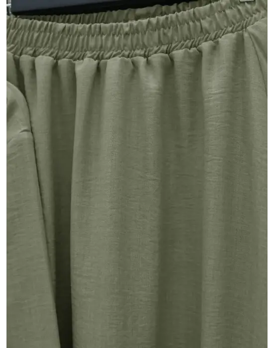 Önü Bağcıklı Beli Lastikli Etekli Keten Takım    -Haki