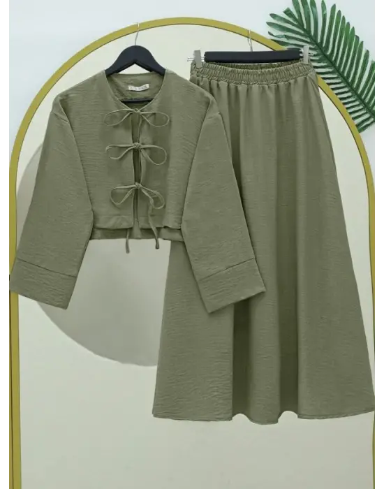Önü Bağcıklı Beli Lastikli Etekli Keten Takım    -Haki
