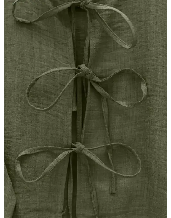 Önü Bağcıklı Beli Lastikli Etekli Keten Takım    -Haki