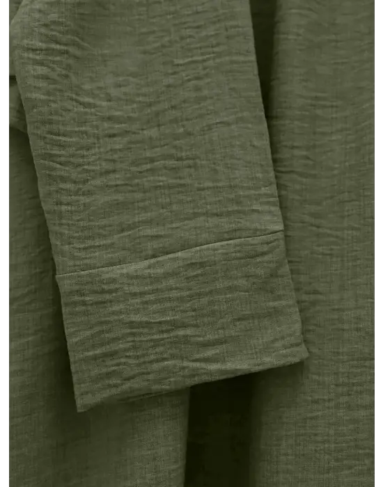 Önü Bağcıklı Beli Lastikli Etekli Keten Takım    -Haki