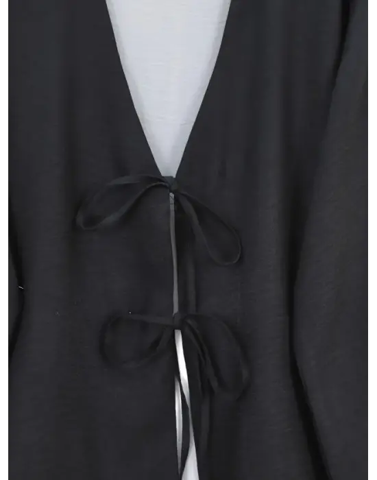 Önü Bağcıklı Beli Lastikli Etekli Keten Takım -Siyah