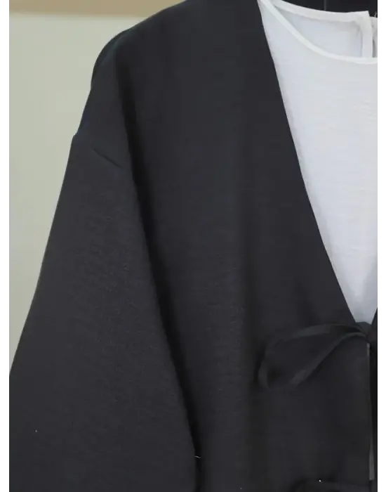 Önü Bağcıklı Beli Lastikli Etekli Keten Takım -Siyah