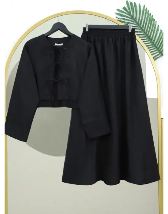 Önü Bağcıklı Beli Lastikli Etekli Keten Takım -Siyah