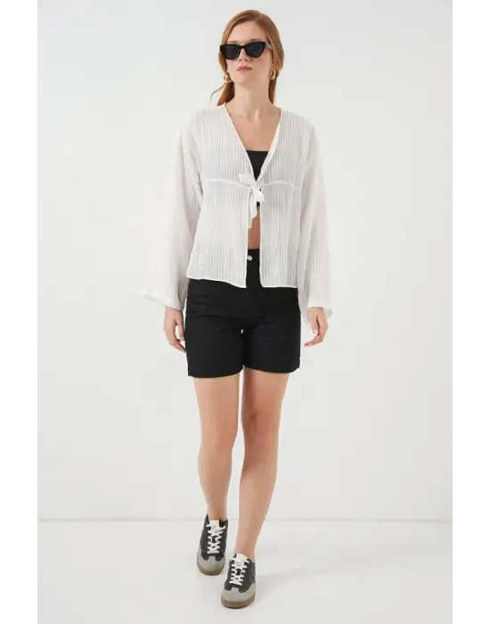 Önü Bağcıklı Bluz 952 - Beyaz