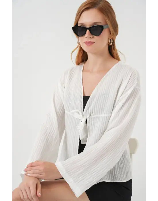 Önü Bağcıklı Bluz 952 - Beyaz