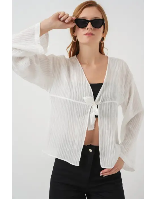 Önü Bağcıklı Bluz 952 - Beyaz