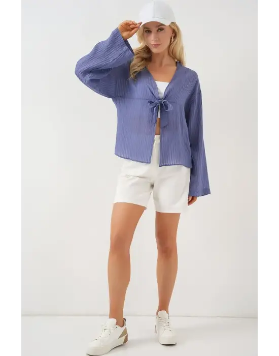Önü Bağcıklı Bluz 952 - İndigo