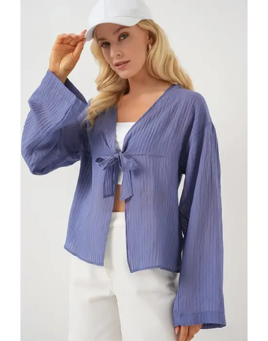 Önü Bağcıklı Bluz 952 - İndigo