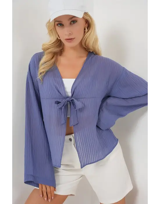 Önü Bağcıklı Bluz 952 - İndigo