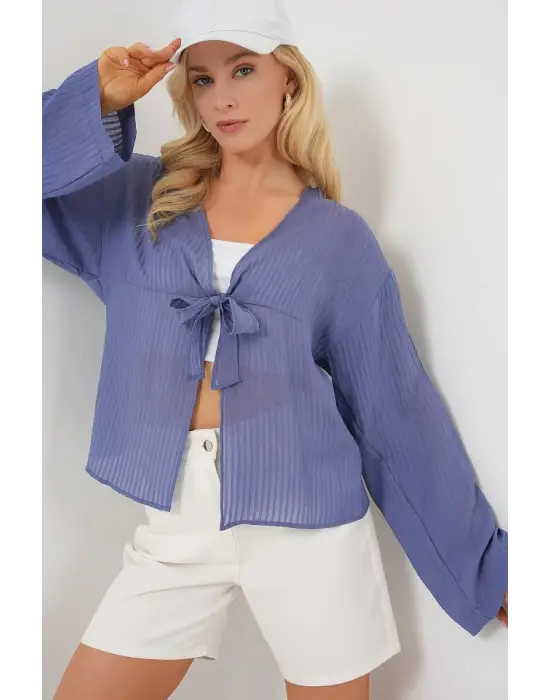 Önü Bağcıklı Bluz 952 - İndigo