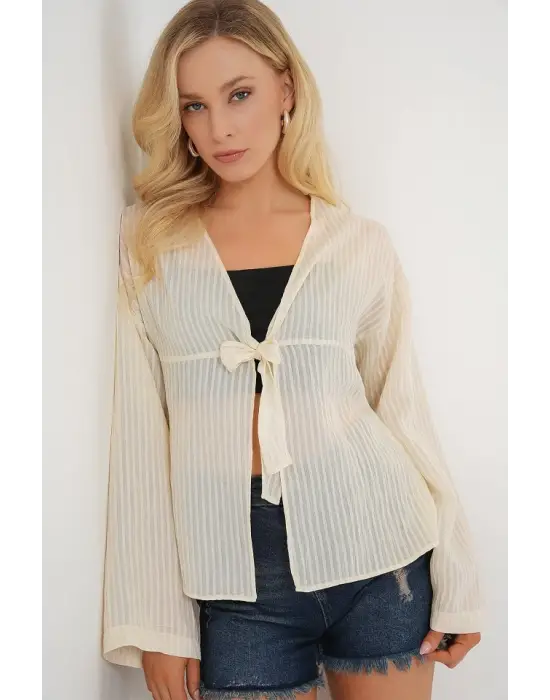 Önü Bağcıklı Bluz 952 - Krem