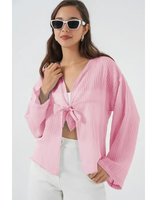 Önü Bağcıklı Bluz 952 - Pudra