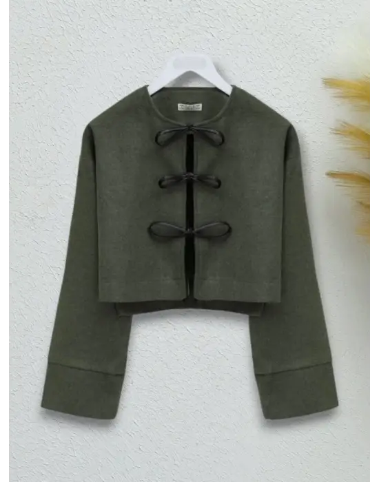 Omarı Haki Renkli Bağcıklı Kaşe Ceket