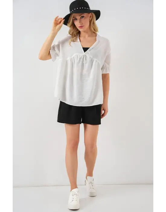 Önü Bağcıklı Kısa Kol Bluz 962 - Beyaz