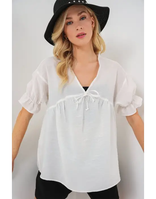 Önü Bağcıklı Kısa Kol Bluz 962 - Beyaz