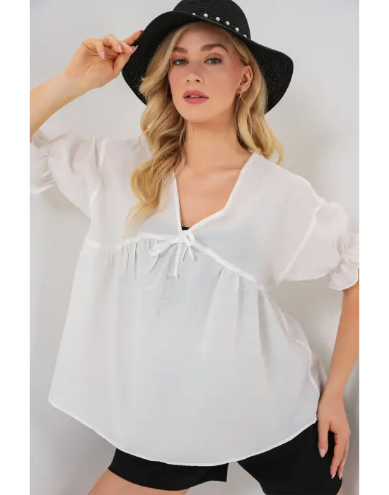 Önü Bağcıklı Kısa Kol Bluz 962 - Beyaz