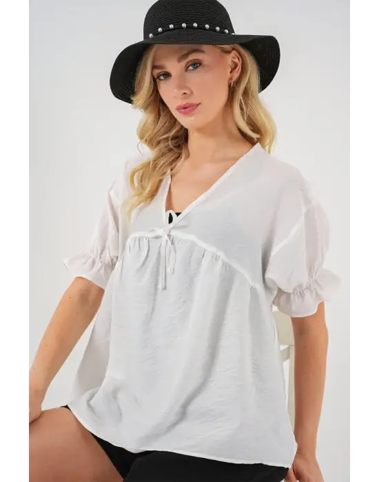 Önü Bağcıklı Kısa Kol Bluz 962 - Beyaz
