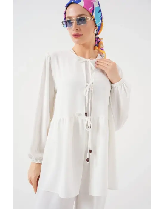 Önü Bağcıklı Tunik Pantolon İkili Takım 6744 - Beyaz