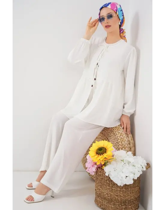 Önü Bağcıklı Tunik Pantolon İkili Takım 6744 - Beyaz