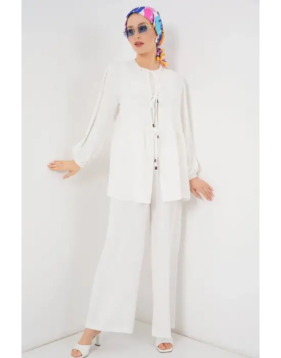 Önü Bağcıklı Tunik Pantolon İkili Takım 6744 - Beyaz