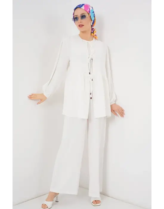 Önü Bağcıklı Tunik Pantolon İkili Takım 6744 - Beyaz