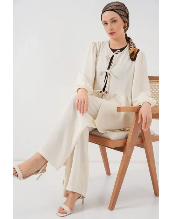 Önü Bağcıklı Tunik Pantolon İkili Takım 6744 - Ekru