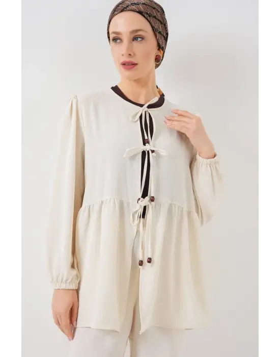 Önü Bağcıklı Tunik Pantolon İkili Takım 6744 - Ekru